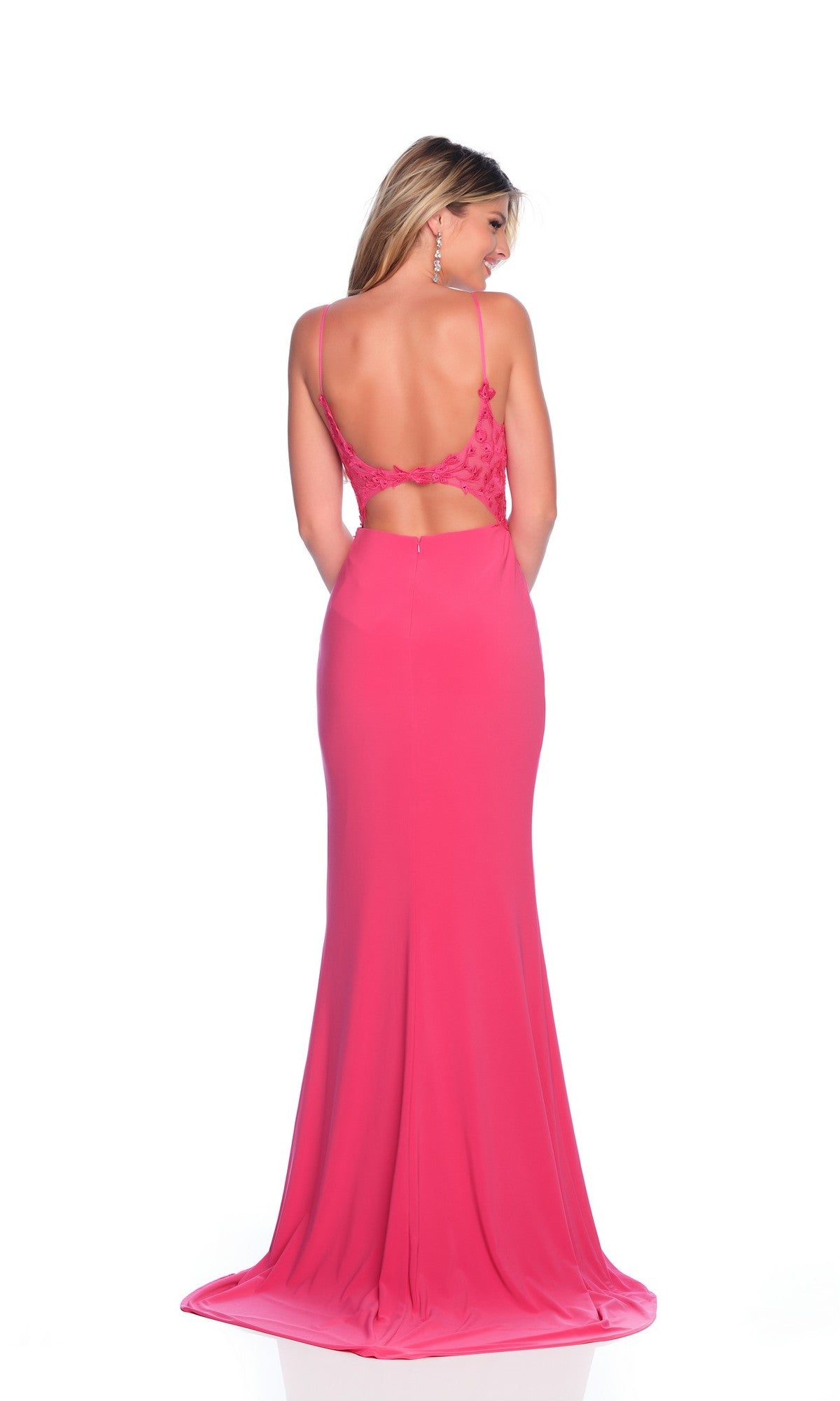 A woman stands facing away on a white background in the Dave & Johnny Long Prom Dress 11659, a bright pink, floor-length fitted gown with thin straps, lace detailing, and an open back.